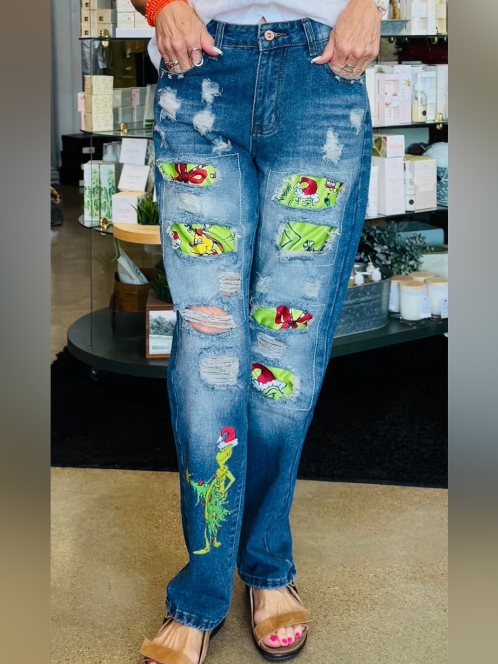Jeans USA Grinch patchwork distressed jeans Y2K kidcore plus size 5XL